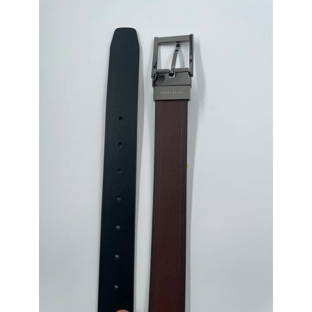 Perry Ellis Mens Reversible Belt Brown Black Gunmetal Buckle Size 38-40